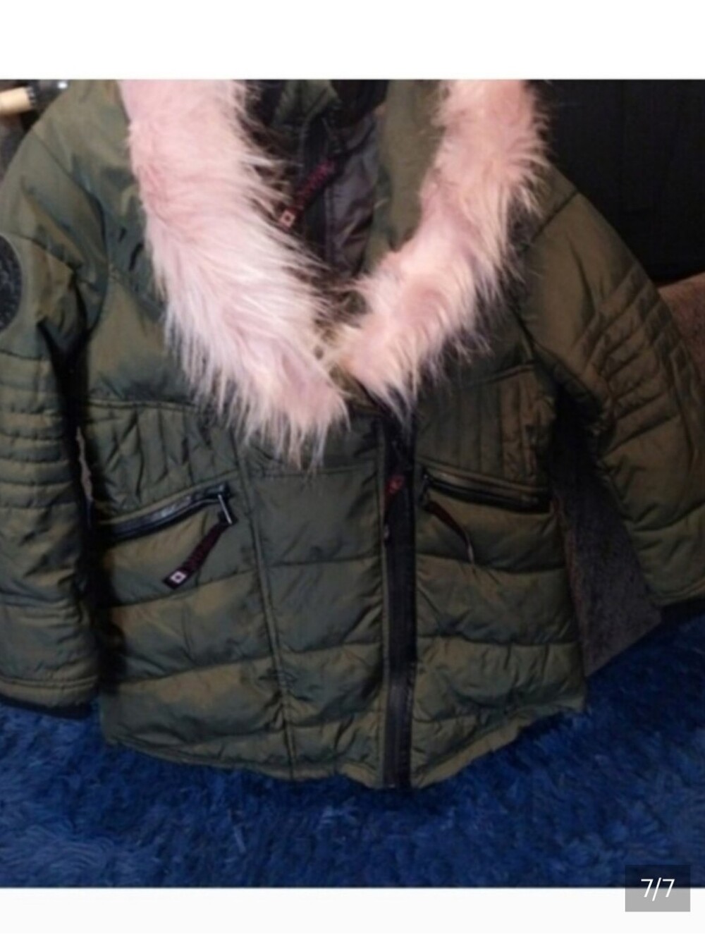 Kids' Green Puffer Jacket with Pink Fur Trim